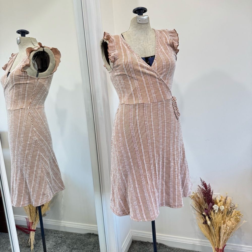 Striped Wrap Flutter-Sleeve Dress in brown. S